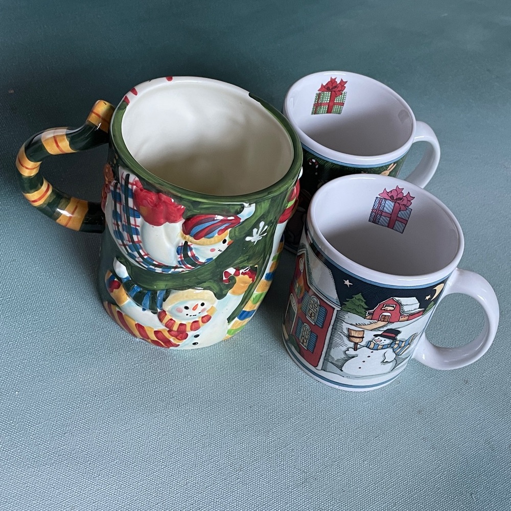 3D Snowman Mug Susan Winget + 2 Christmas Mugs 10 oz. Vintage 90s